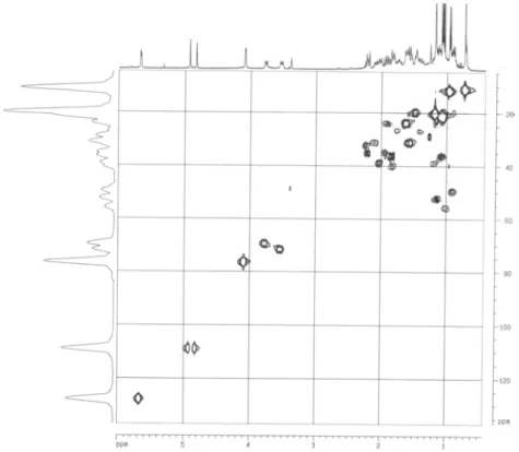 FIGURA 4.27 – Mapa de contorno de HSQC (400 MHz, CDCl 3 ) do esteróide X.  HHHOHOH H OHH H1234567891012111314151617181920212223
