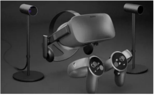 Figura 17- Kit Oculus Rift constituído por óculos, comandos Touch e dois sensores (retirado de https://www.oculus.com/rift/) 