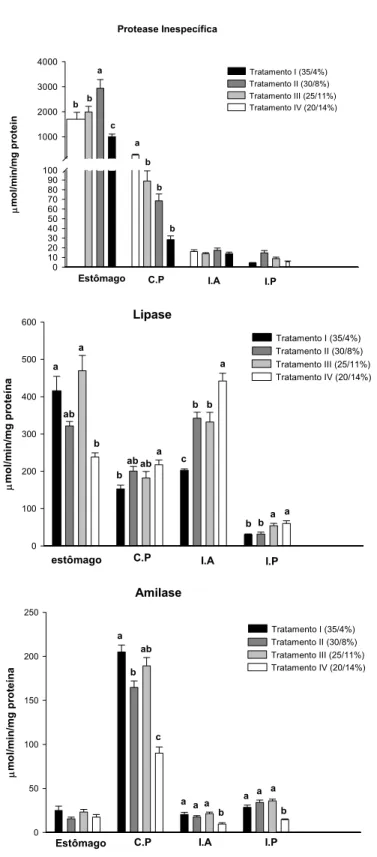 Figura 3. Atividade de protease, lípase e amilase em µmol/min/mg proteína no canal  alimentar de C
