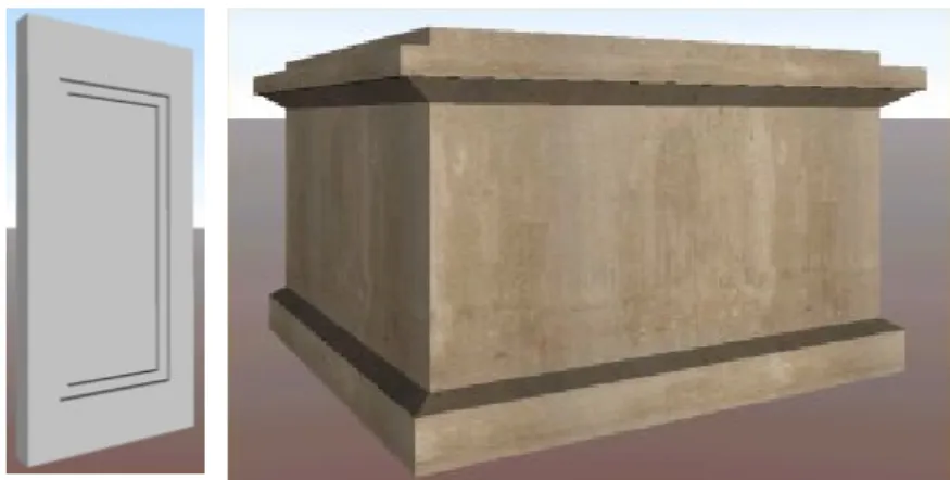 Figura 3 Exemplos de modularidade. Peça usada na parede do corredor da praça (esq.) e um pódio do templo (dir.) 