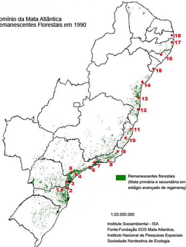 Figura 4. Mapa do Brasil, destacando as localidades com remanescentes de Mata  Atlântica Ombrófila densa e enumerados (1-18) os selecionados para este estudo
