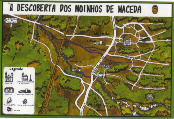 Figura 3. 2 - Mapa de Maceda com os moinhos ao longo do rio. Fonte: (Ferreira, 2008). 