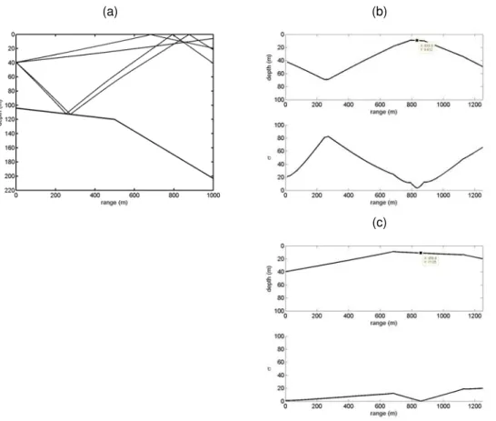 Figure 3: Backpropagated rays(a), ambiguity curves and source-localization plot using 4 rays (b) and 2 rays (c)