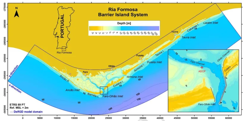 Fig. 1 - Location map of the study region. Zoom rectangle shows the Faro-Olhão Inlet, the location  for TEC array deployment, and the red cross shows were the ADCP was deployed
