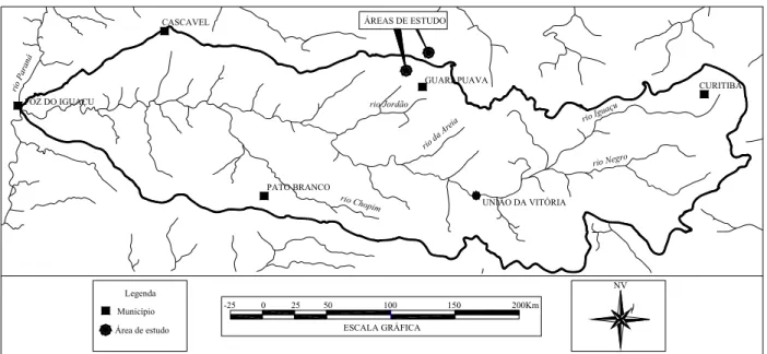 Figura 2. - Abrangência da bacia do rio Iguaçu no estado do Paraná, Brasil com a localização das  áreas de estudo na região de Guarapuava, centro-sul paranaense .