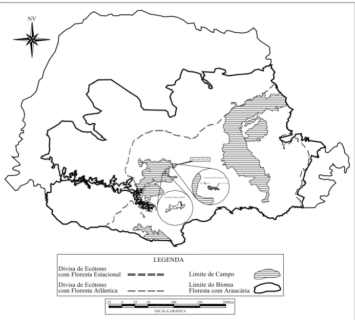Figura 3 - Localização das áreas de estudo na Fazenda Três Capões e Fazenda Trindade no contexto  da área de abrangência da floresta ombrófila mista no estado do Paraná