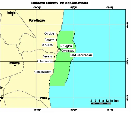 Figura 5: Mapa da REM de Corumbau indicando a localização das comunidades estudadas 