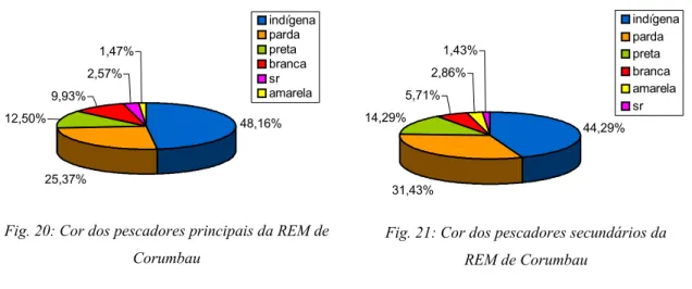 Fig. 20: Cor dos pescadores principais da REM de  Corumbau 44,29%31,43%14,29%5,71%2,86%1,43% indígenapardapretabrancaamarelasr