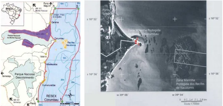 Figura 1 – Mapa da esquerda indicando os limites da Reserva Extrativista Marinha do Corumbau, na qual é  possível localizar Corumbau, comunidade que está inserida na Ponta do Corumbau; em roxo são terras  indígenas
