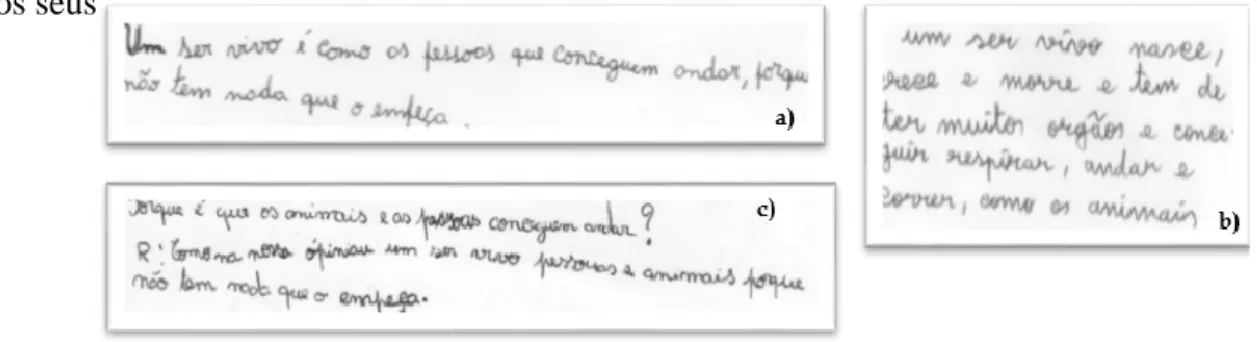 Figura 11- Ideias dos alunos aficadas no painel: a) aluno J; b) aluno B; c) s.n (1.ªaula de exploração)