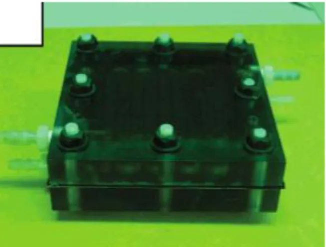Figura  5:  Modelo  de  placa  plana,  onde  um  canal  é  cortado  nos  blocos,  de  forma  a  que  o  líquido  flua  através do elétrodo