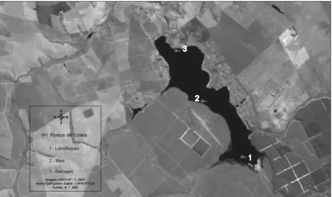 Figura 3: Imagem de satélite do reservatório do Lobo. Os números indicam os 3 pontos de amostragem