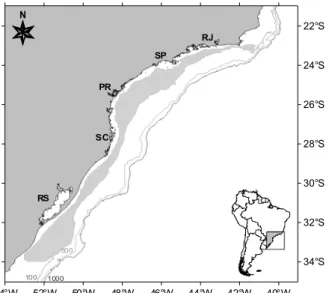 Figura 1. Distribuição de Cynoscion jamaicensis no Atlântico Oeste entre os paralelos 22 e  34°S