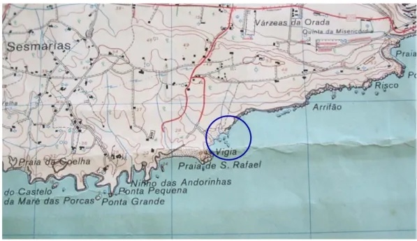Figura 3.1. Mapa com a localização da Praia da Vigia (Carta Militar de Portugal – Albufeira, escala 1:25000) 