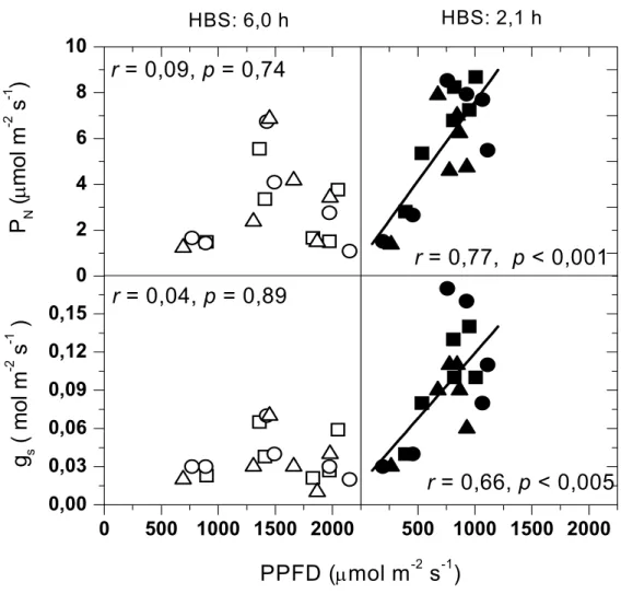 Figura 6. Fotossíntese líquida (P N ) e condutância estomática (g s ) em função do fluxo de  fótons fotossinteticamente ativos (PPFD)
