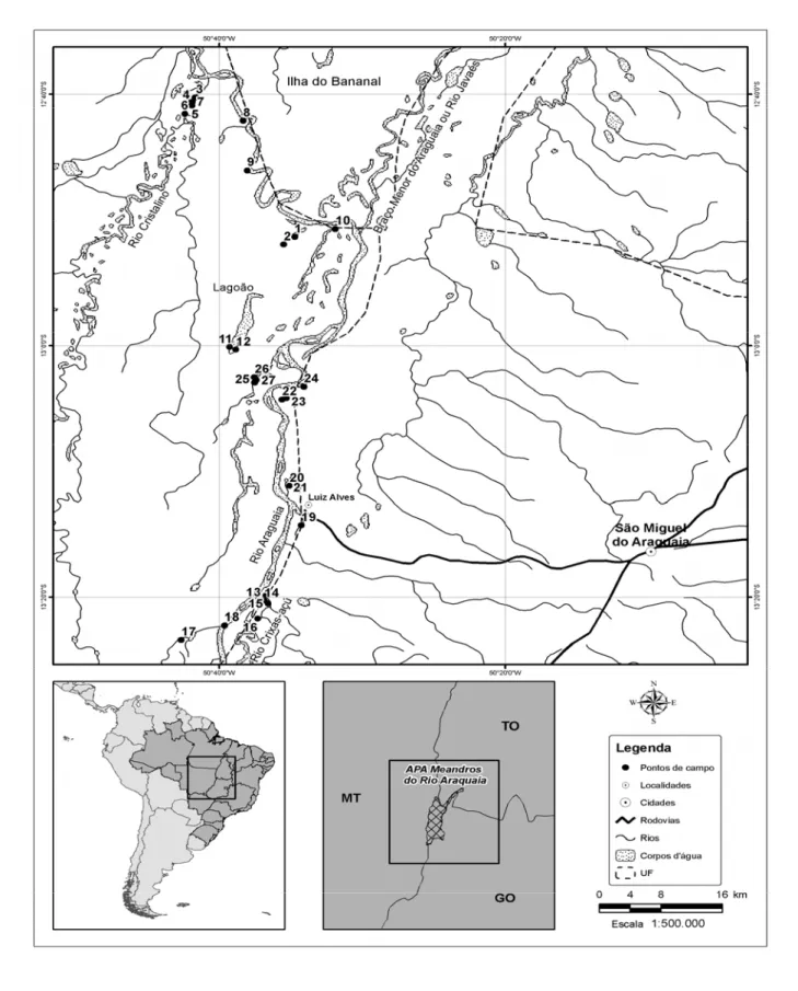 Figura 1. Mapa da América do Sul com indicação da localização da APA Meandros do rio  Araguaia e dos pontos de amostragem de esponjas, incluídos os 13 pontos de amostragem de  água