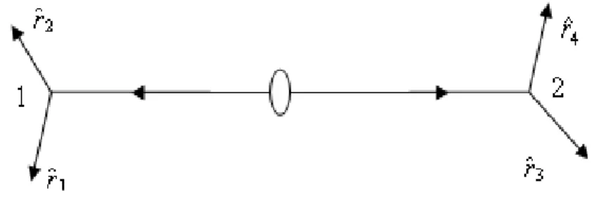 Figura 2-8: Realizamos medições conjuntas (simultâneas) nas duas partículas. Interessa que elas estejam causamente desconectadas e que se movam para os detectores, não necessariamente em direções opostas como mostra esta ﬁgura.