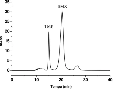 Figura 4. 15 - Cromatograma obtido da análise da amostra de SMX/TMP, preparada  em solução metanólica (10 ȝ g/mL), com acoplamento da coluna C 18 -BSA (10 x 0,46  cm d.i.) e C 8 -Luna (15 x 0,46 cm d.i)