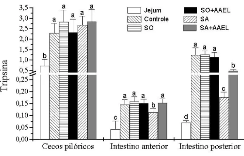 Figura 5. Atividade enzimática tríptica de cecos pilóricos, de intestino anterior e de intestino posterior de B