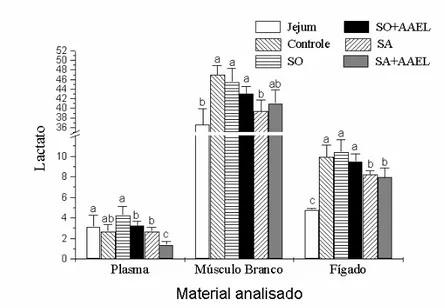 Figura 10. Concentrações de lactato de plasma, músculo branco e fígado de B. amazonicus em  diferentes materias analisados