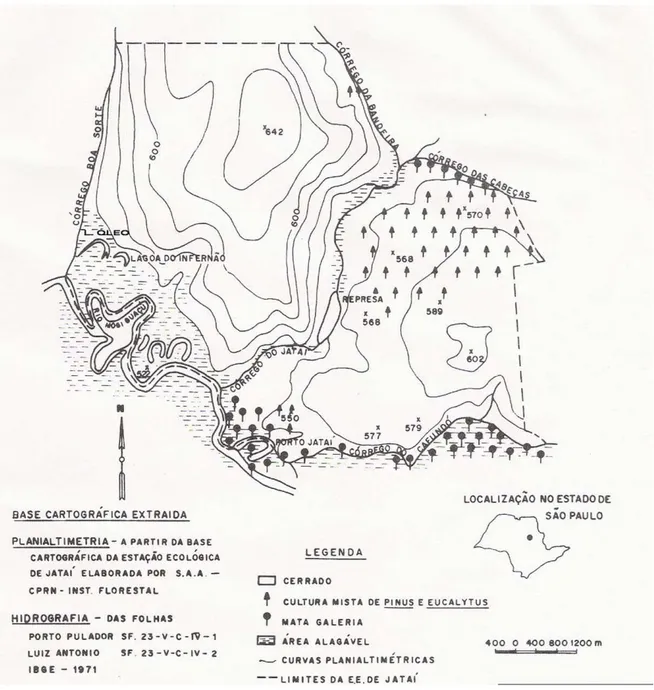 Figura 1. Carta de planialtimetria, hidrografia e sistemas ambientais da Estação Ecológica de  Jataí (Modificada de Cavalheiro et