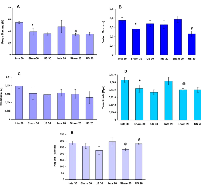 Figura 12  Média ± EPM da Força Máxima (A), Deslocamento Máximo (B), Resiliência (C),  Tenacidade (D) e Rigidez (E) do corpo de prova da cabeça do fêmur dos animais dos  diferentes grupos experimentais