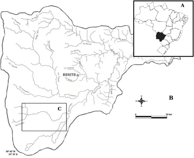 Figura 2 – Local de estudo: Rio Sucuri (C), Bonito (B), Mato Grosso do Sul; Brasil  ( A) (Miranda e  Coutinho, 2004)