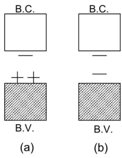 FIGURA 1.4 – Diagrama esquemático da estrutura de banda de valência (BV) e  banda de condução (BC) de um polímero condutor: (a) formação de dois polarons; 
