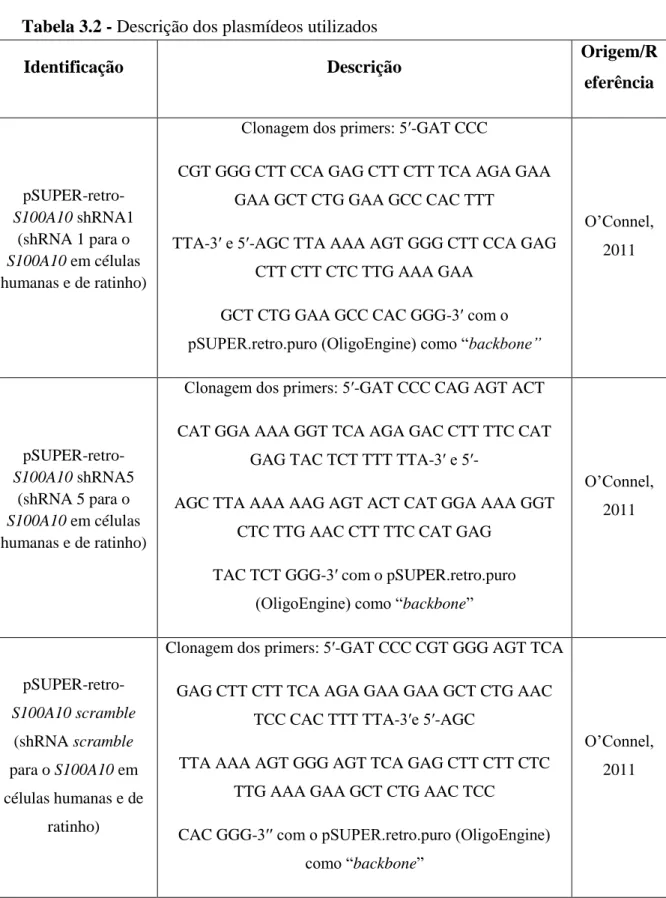 Tabela 3.2 - Descrição dos plasmídeos utilizados