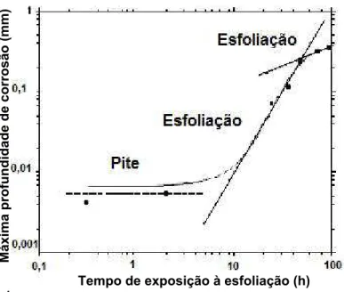 Figura 2.12 Corrosão por pites e esfoliação em função do tempo de exposição   para a liga 2024-T351[56]