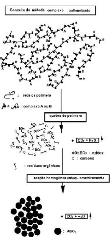 Figura 4.1- 4 Representação esquemática da obtenção de um óxido metálico,  utilizando-se o método dos precursores poliméricos [44]