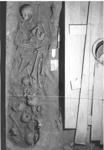 Figura 6. Aspecto de uma sepultura reutilizada (sepultura 3), sendo visível a forma de  colocação das ossadas mais antigas