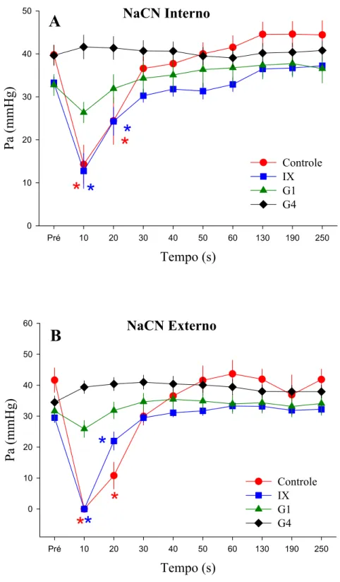 Figura 6: Pressão arterial de trairão, H. lacerdae, após injeções internas (A) e externas (B) de  NaCN