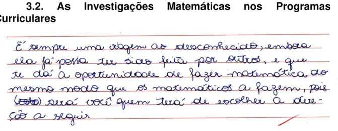 Figura 4: Registro escrito da aluna M. 7ª série (2005) - Definindo Investigação. 