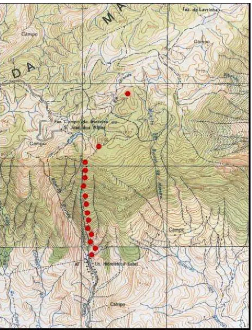 Figura 3: Mapa com a localização dos pontos de coleta (   ) nas diferentes  altitudes da região de Campos do Jordão-SP, Brasil
