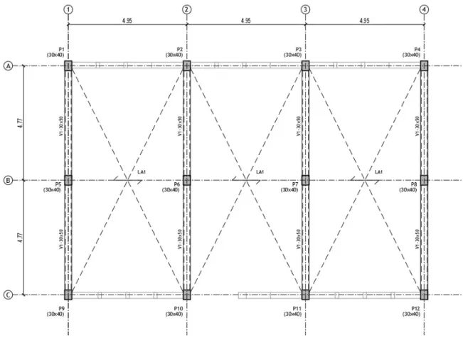 Figura 22 - Identificação dos pilares e vigas e da orientação das lajes no piso 1 