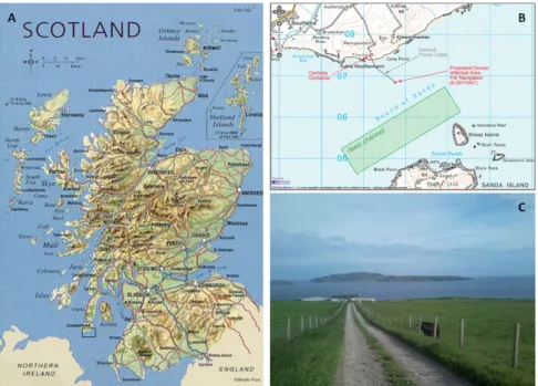 Fig. 6: (A) Localização da península de Kintyre na costa Oeste da Escócia; (B) local de instalação a E35 na carta náutica do  almirantado britânico; (C) fotografia com vista da península de Kintyre para o canal de Sanda Sound e Ilha de Sanda, onde  decorre