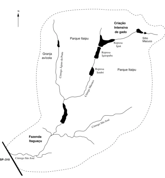 Figura 6 Mapa simplificado evidenciando a microbacia do córrego São José e os reservatórios do Parque Itaipu