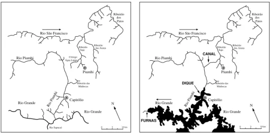 Figura 9 Mapa esquemático mostrando a região do rio Piumhi, antes e depois da inundação da Represa de Furnas e o local da contrução do canal