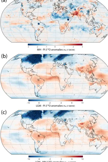 Figure 4. Modern global inter-annual δ 18 O variability. Box plots show the variability of the standard deviation of global annual wδ 18 O using (a) GNIP stations with enough months of data to  ac-count for > 80 % of the annual precipitation and at leas