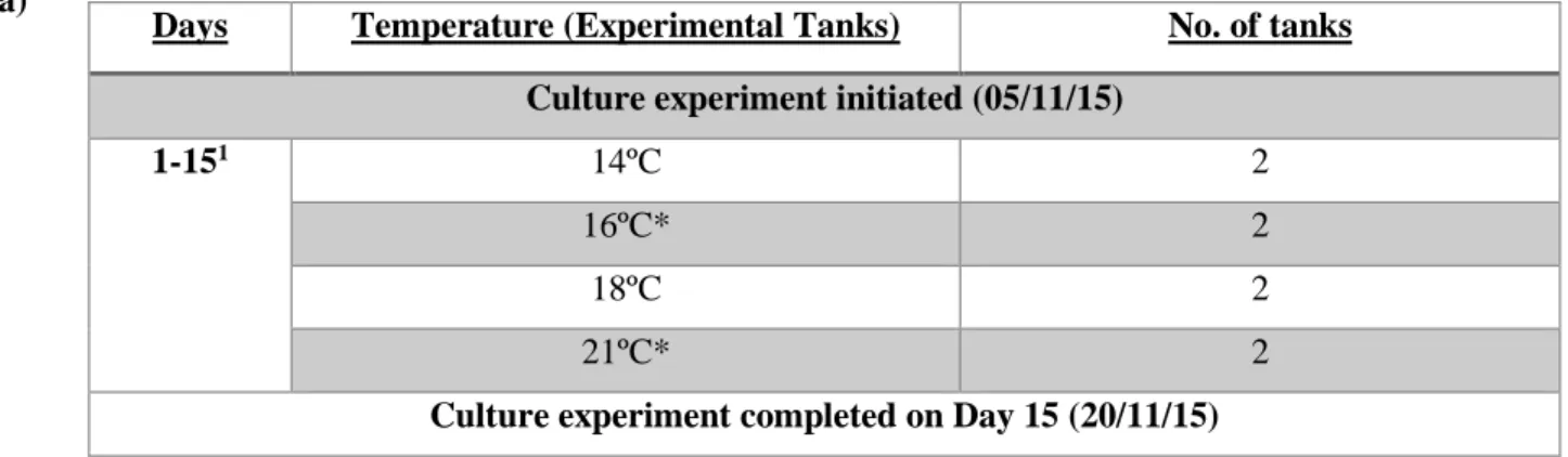 Table  3.2.  Experimental  design  for  culture  tanks  containing  O.  vulgaris  paralarvae  for  the  constant temperature experiment (a) and the tank conditions (b)
