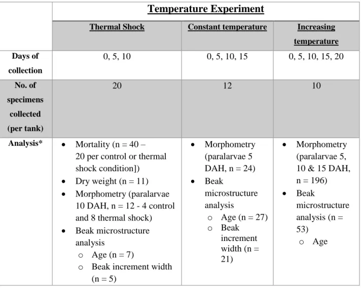 Table 3.4. The collection regime and analysis of O. vulgaris paralarvae specimens in temperature  cultivation  experiments  (thermal  shock,  constant  and  increasing  temperature)
