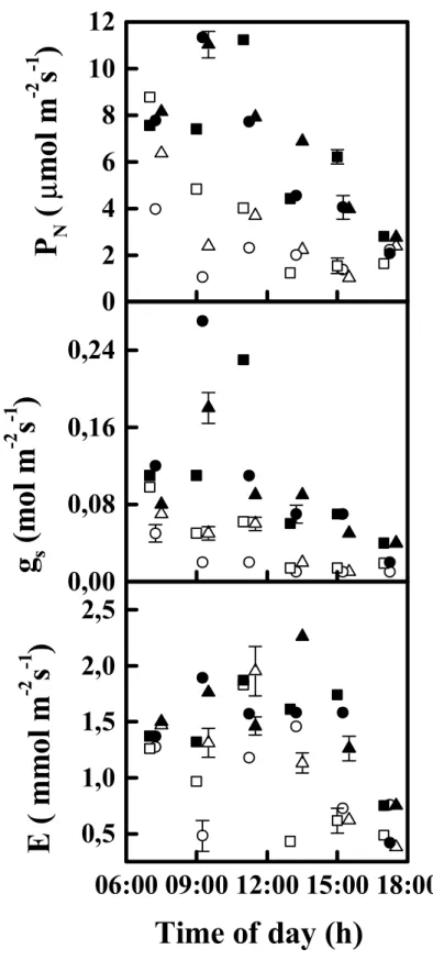 Figure 4. Leaf-atmosphere gas exchange variables measured on three Coffea arabica  cultivars growing under field conditions in wet season on clear (open symbols) and on cloudy  (solid symbols) days
