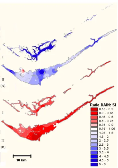 Fig. 5. GIS maps of the ratio of DAIN: silicate throughout the lagoon based on the stations shown in Fig