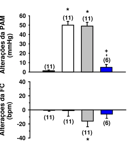 Figura 7: Alterações da pressão arterial média (PAM) e freqüência cardíaca (FC)  produzidas pela injeção de salina ou glutamato (5 nmol/100 nl) na área RVL após a  injeção de salina, atropina (4 nmol/100 nl) ou losartan (10  µ g/100 nl) na área RVL