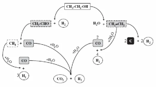 Figura 2.3 - Esquema dos caminhos reacionais durante a reforma a vapor do etanol [29]