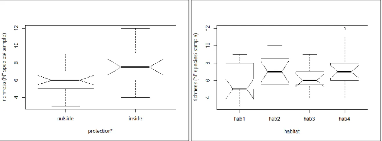 Figure 4: Boxplot of richness by protection and by habitat (SBRUV). Significant differences marked with *  when inside>outside
