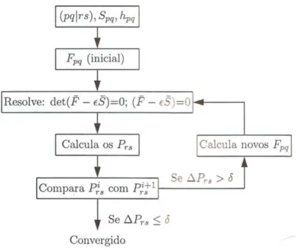 Figura 3.2: Fluxograma para resolver as equações de HFR usando P = [P rs ]. (F 1s,1s − ǫ i S 1s,1s )C 1si + (F 1s,3s − ǫ i S 1s,3s )C 3si + (F 1s,3p z − ǫ i S 1s,3p z )C 3p z i = 0 (3.93) (F 3s,1s − ǫ i S 3s,1s )C 1si + (F 3s,3s − ǫ i S 3s,3s )C 3si + (F 3