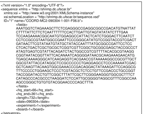 Figura 4 Documento XML contendo dados de biosseqüências. Este documento é validado por um documento  XML Schema definido em xsi:schemaLocation