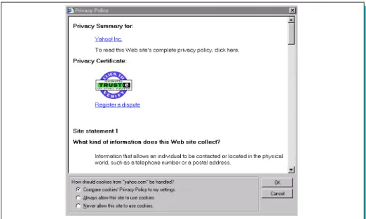 Figura 2.7: Exemplo de interação da P3P com o usuário, negociando a política de privacidade do site Yahoo!.
